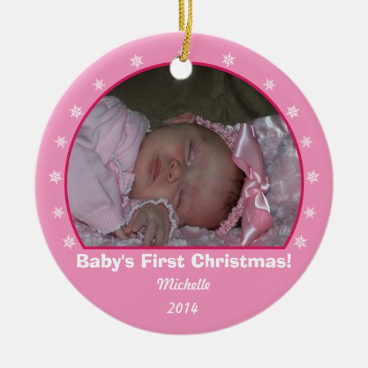 Roze kerstversiering rond Snowflake Keramisch Ornament (Voorkant)