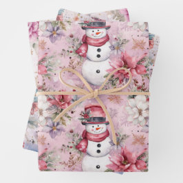 Roze Kerstwinter Sneeuwmannen Bloemen Waterverf Inpakpapier Vel