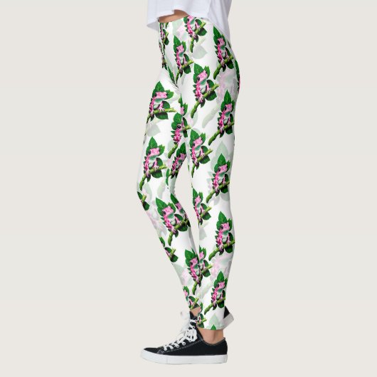 Roze kikker op groen blad patroon ontwerp leggings (Links)