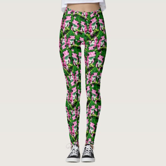 Roze kikker op groen blad patroon ontwerp leggings (Voorkant)