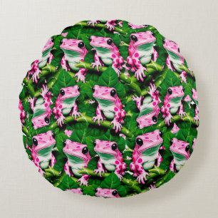 Roze kikker op groen blad patroon ontwerp rond kussen