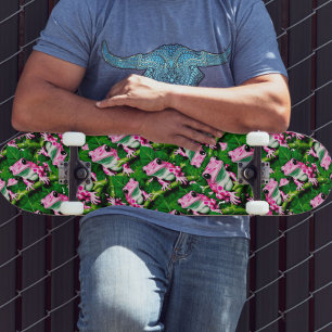 Roze kikker op groen blad patroon ontwerp skateboard
