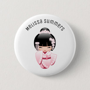 Roze Kimono Kawaii Kokeshi Meisje Aangepaste Naam Ronde Button 5,7 Cm