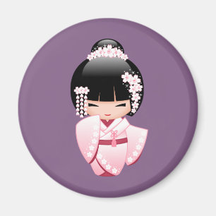 Roze Kimono Kawaii Kokeshi Meisje op Paarse Rond Magneet