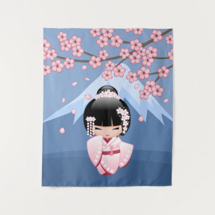 Roze Kimono Kawaii Kokeshi Pop Berg op Blauwe Acht Wandkleed