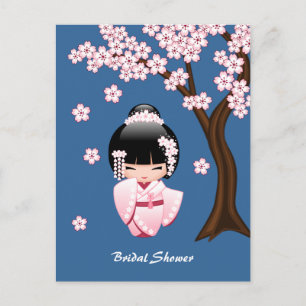 Roze Kimono Kawaii Kokeshi Pop Blauwe Uitnodiging Briefkaart
