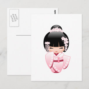 Roze Kimono Kawaii Kokeshi Pop Briefkaart