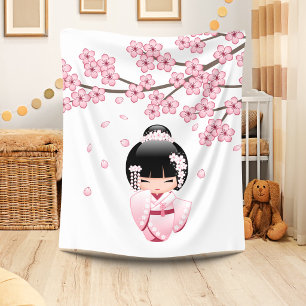 Roze Kimono Kawaii Kokeshi Pop Fleece Deken