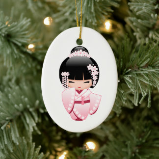 Roze Kimono Kawaii Kokeshi Pop Keramisch Ornament