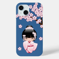 Roze Kimono Kawaii Kokeshi Pop met Blauwe achtergr