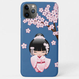 Roze Kimono Kawaii Kokeshi Pop met Blauwe achtergr iPhone 11 Pro Max Hoesje