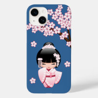 Roze Kimono Kawaii Kokeshi Pop met Blauwe achtergr
