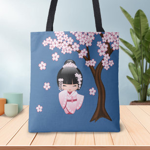 Roze Kimono Kawaii Kokeshi Pop op Blauwe Achtergro Draagtas