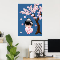 Roze Kimono Kawaii Kokeshi Pop op Blauwe Achtergro