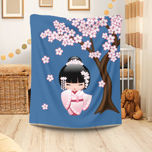 Roze Kimono Kawaii Kokeshi Pop op Blauwe Fleece Deken