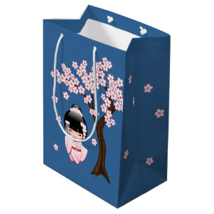 Roze Kimono Kawaii Kokeshi Pop op Blauwe Medium Cadeauzakje