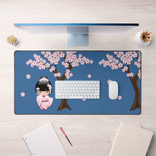 Roze Kimono Kawaii Kokeshi Pop op Blauwe Ondergron Bureaumat