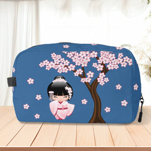 Roze Kimono Kawaii Kokeshi Pop op Blauwe Ondergron Toilettasje