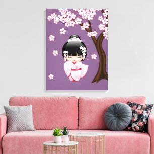 Roze Kimono Kawaii Kokeshi Pop op Paars Canvas Afdruk