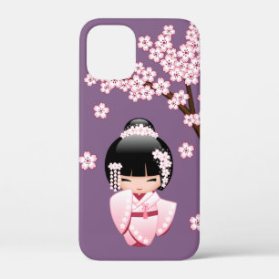 Roze Kimono Kawaii Kokeshi Pop op Paars iPhone 12 Mini Hoesje