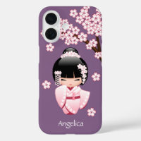 Roze Kimono Kawaii Kokeshi Pop op Paars