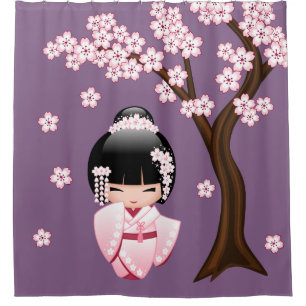 Roze Kimono Kawaii Kokeshi Pop op Paars Douchegordijn