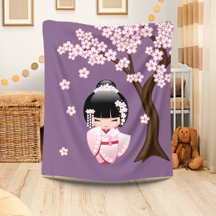 Roze Kimono Kawaii Kokeshi Pop op Paars Fleece Deken
