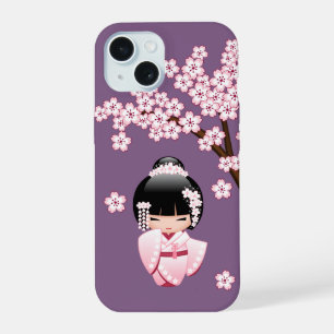 Roze Kimono Kawaii Kokeshi Pop op Paars iPhone 15 Hoesje