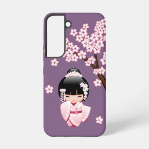 Roze Kimono Kawaii Kokeshi Pop op Paars Samsung Galaxy Hoesje