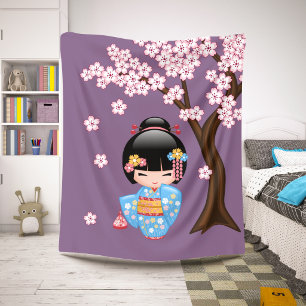 Roze Kimono Kawaii Kokeshi Pop op Paars Sherpa Deken