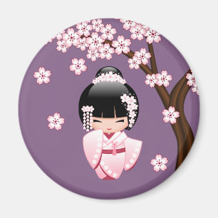 Roze Kimono Kawaii Kokeshi Pop op Paarse Rond Magneet