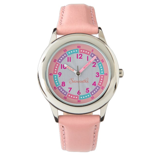 Roze Kinder Leerhorloge met Naam & Tijdwijzer Horloge (Voorkant)