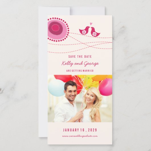 Roze Kissing Tortelduifjes Whimsical Flower Dot Fo Save The Date (Voorkant)