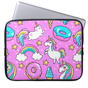 Roze Kitschy glittery grappige eenhoorn en kat Laptop Sleeve