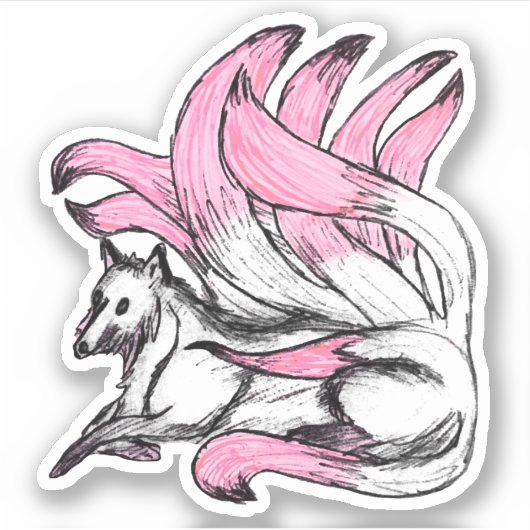 Roze Kitsune Japanse Fox Schets Sticker (Voorkant)
