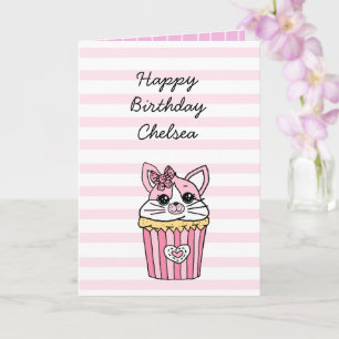 Roze Kitten Cupcake Meisje Verjaardag Kaart