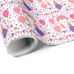 Roze Kitten en Ballonnen Verjaardag Geschenkpapier Cadeaupapier