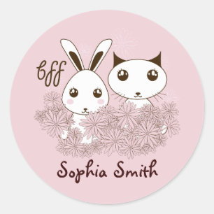 Roze Kitten en Bunny Dieren Vrienden Kinderen Naam Ronde Sticker