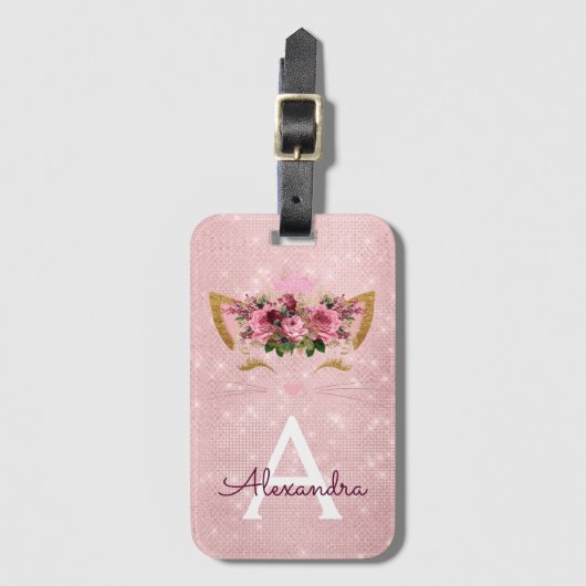 Roze Kitty Sparkle Prinses Monogram Naam Bagagelabel (Voorkant (verticaal))