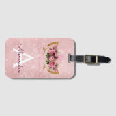Roze Kitty Sparkle Prinses Monogram Naam Bagagelabel (Voorkant (horizontaal))