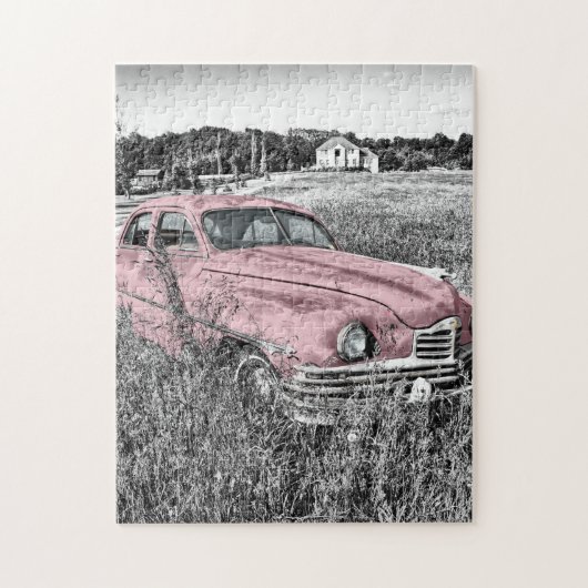 Roze klassieke auto legpuzzel (Verticaal)