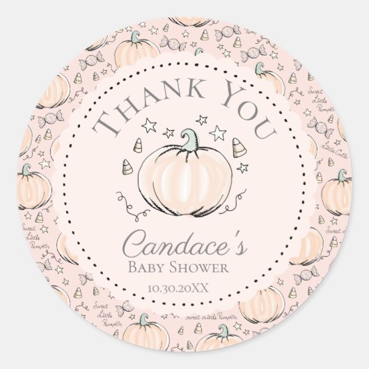 Roze kleine pompoen Herfst Baby shower Dank u Ronde Sticker (Voorkant)