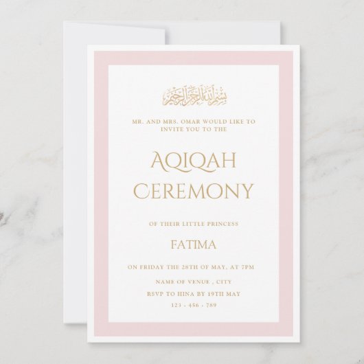 Roze Kleine Prinses Minimale Gouden Aqiqah Ceremon Kaart (Voorkant)