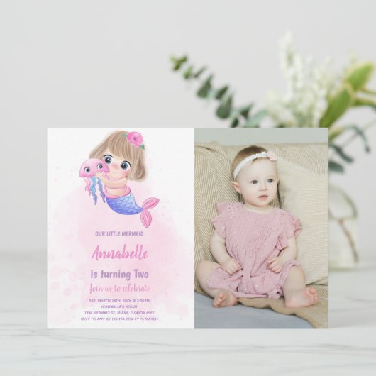 Roze Kleine Zeemeermin Verjaardag Uitnodiging met (Staand voorkant)