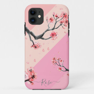 Roze kleurenblok met kersenbloesem iPhone 11 hoesje