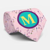 Roze kleurig muzieknoot patroon muzikant monogram stropdas (Opgerold)