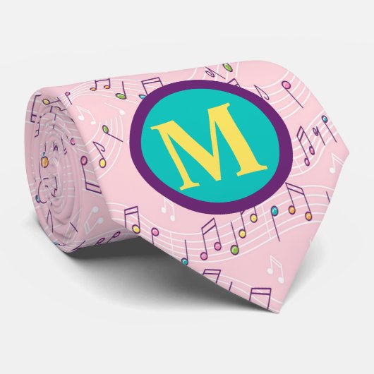 Roze kleurig muzieknoot patroon muzikant monogram stropdas (Opgerold)