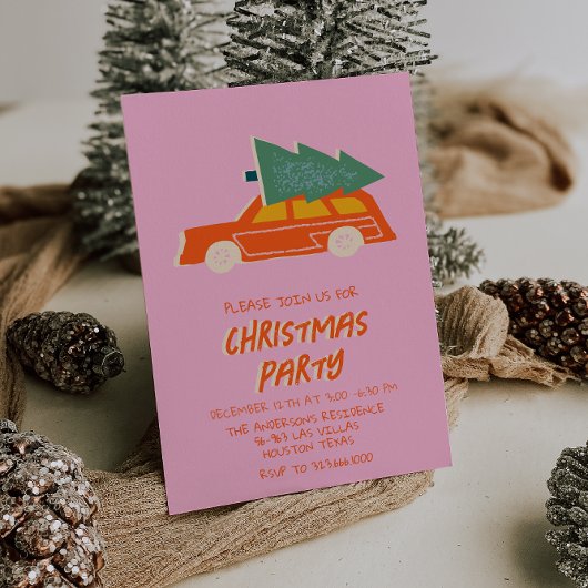  Roze Kleurrijke Kerst Rode Auto Fun Party Kaart