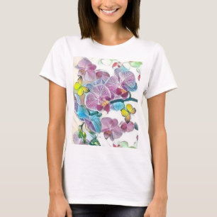 Roze kleurrijke orchidee bloemvlinders waterverf t-shirt