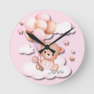 Roze Knuffel Beer Kinderkamer Wandklok Ronde Klok